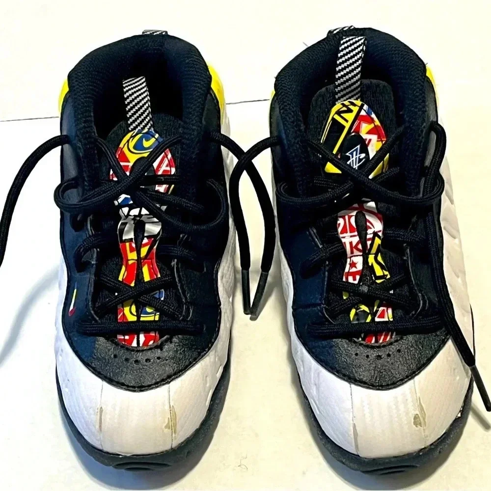 Nike Little Posite Foamposite kids tennis shoes size 10C yellow trim black white
